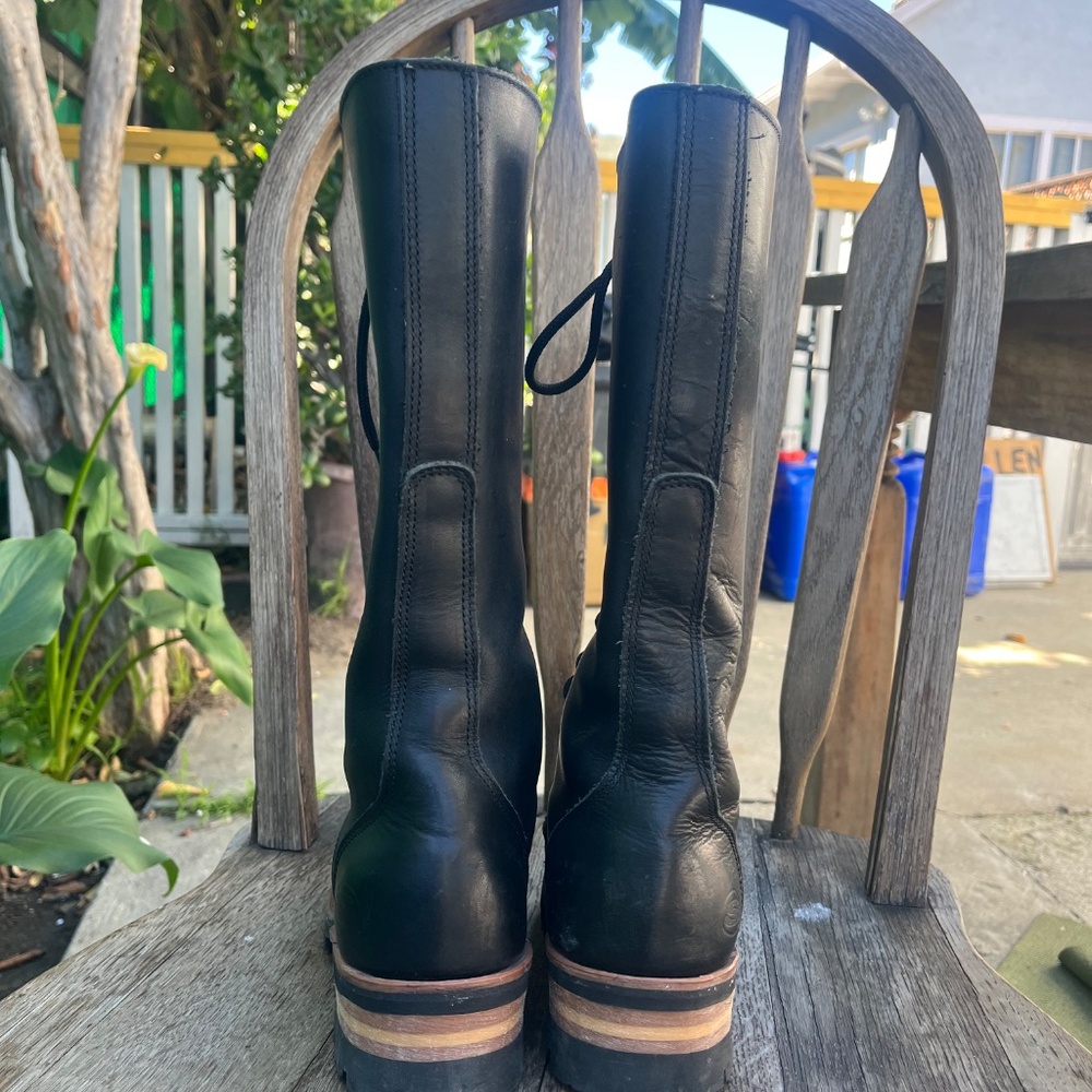 90s knee high lace up boots genuine leather logger black Skechers goodyear welt - Picture 6 of 16